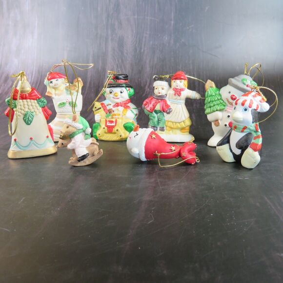 Lot of 8 Vintage Christmas Tree Ornaments Snowman Stocking Penguin Mouse Ceramic - Picture 2 of 16